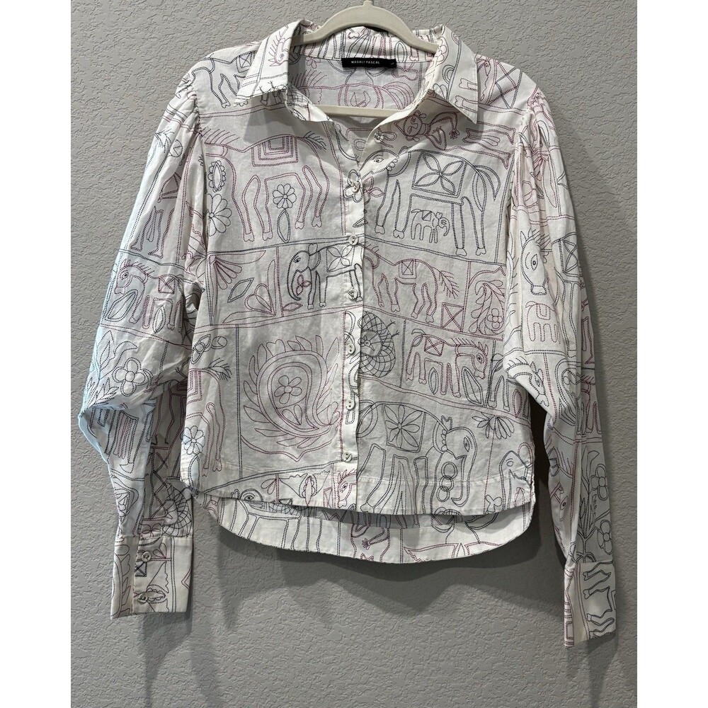 Magali Pascal Puff-Sleeved Button Down Artful Animal Embroidery Womens L
